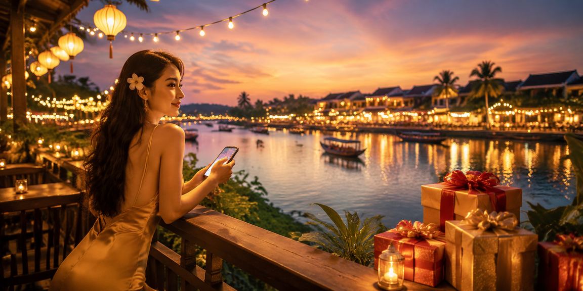Người dùng trải nghiệm casino trực tuyến trên điện thoại tại quán cà phê Hội An